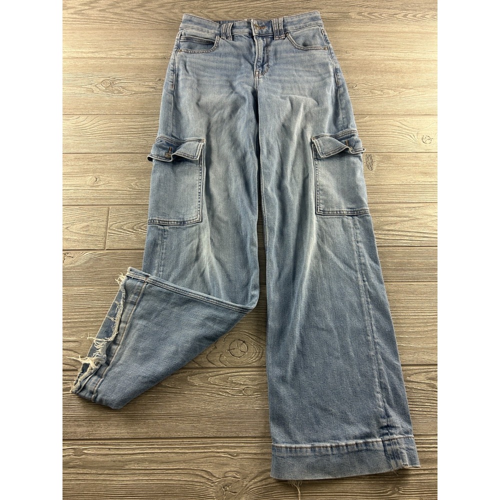 American Eagle Jeans Womens 0 Super High Rise Baggy Wide Leg Cargo Stretch Blue